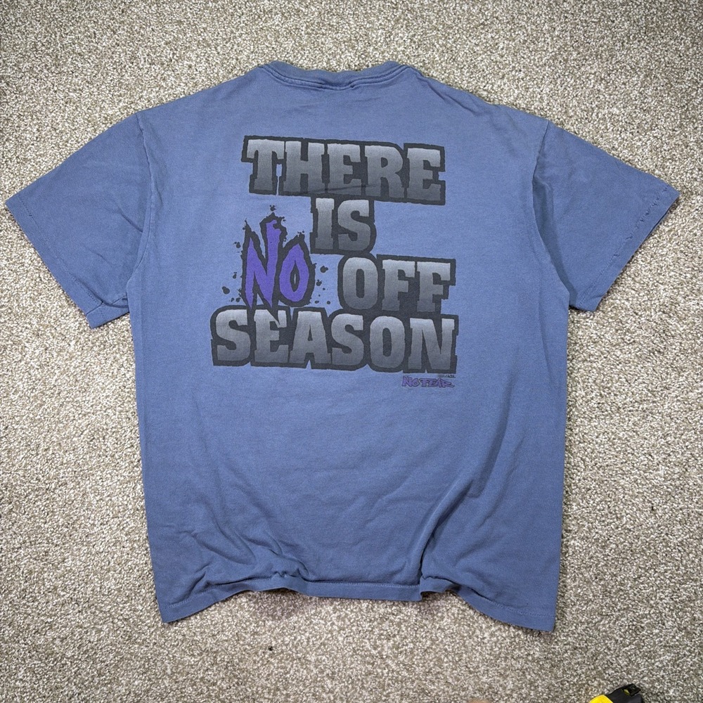 Vintage 1994 No Fear Shirt "THERE IS NO OFF SEASON" Size XL Blue Single Stitch
